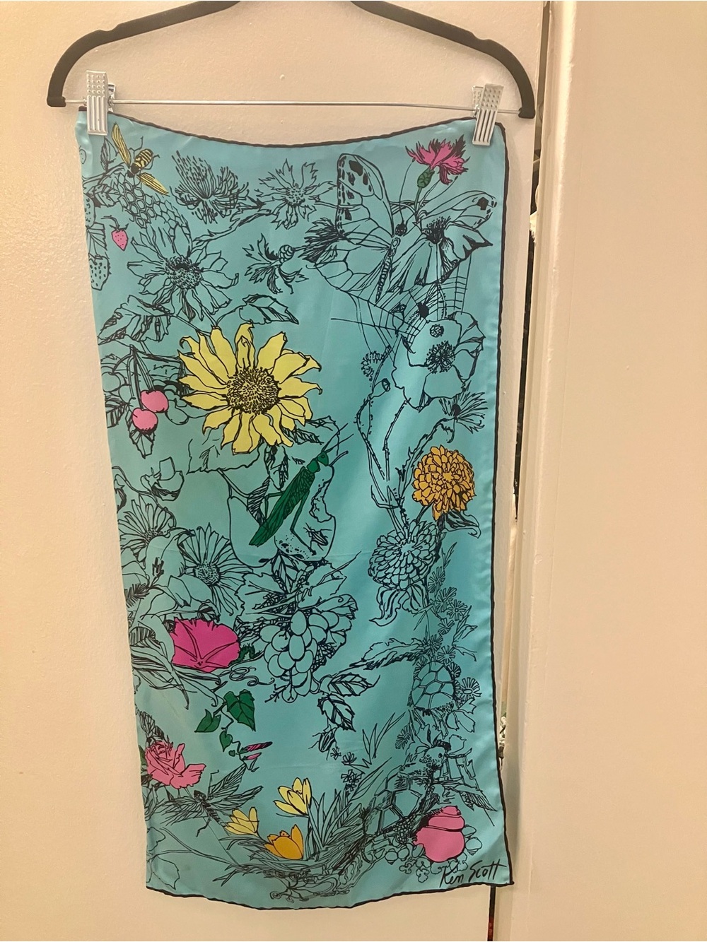 Ken Scott Silk Vintage Blue Fashion Gardner Floral Insects Square Scarf.